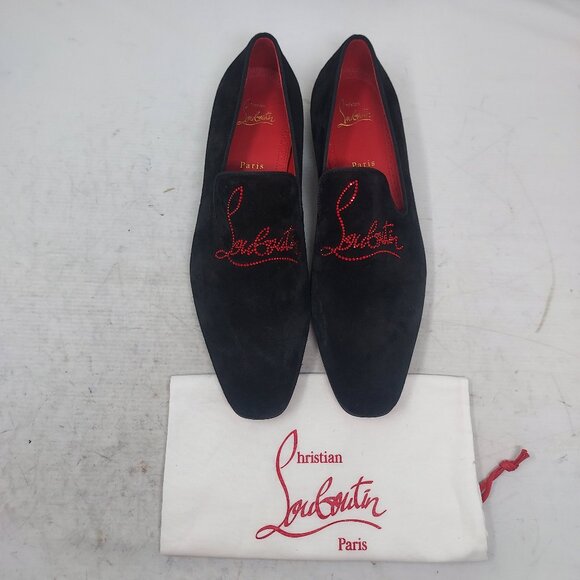 CHRISTIAN LOUBOUTIN Black Dandelion Strass Suede Logo Loafer - Picture 1 of 12